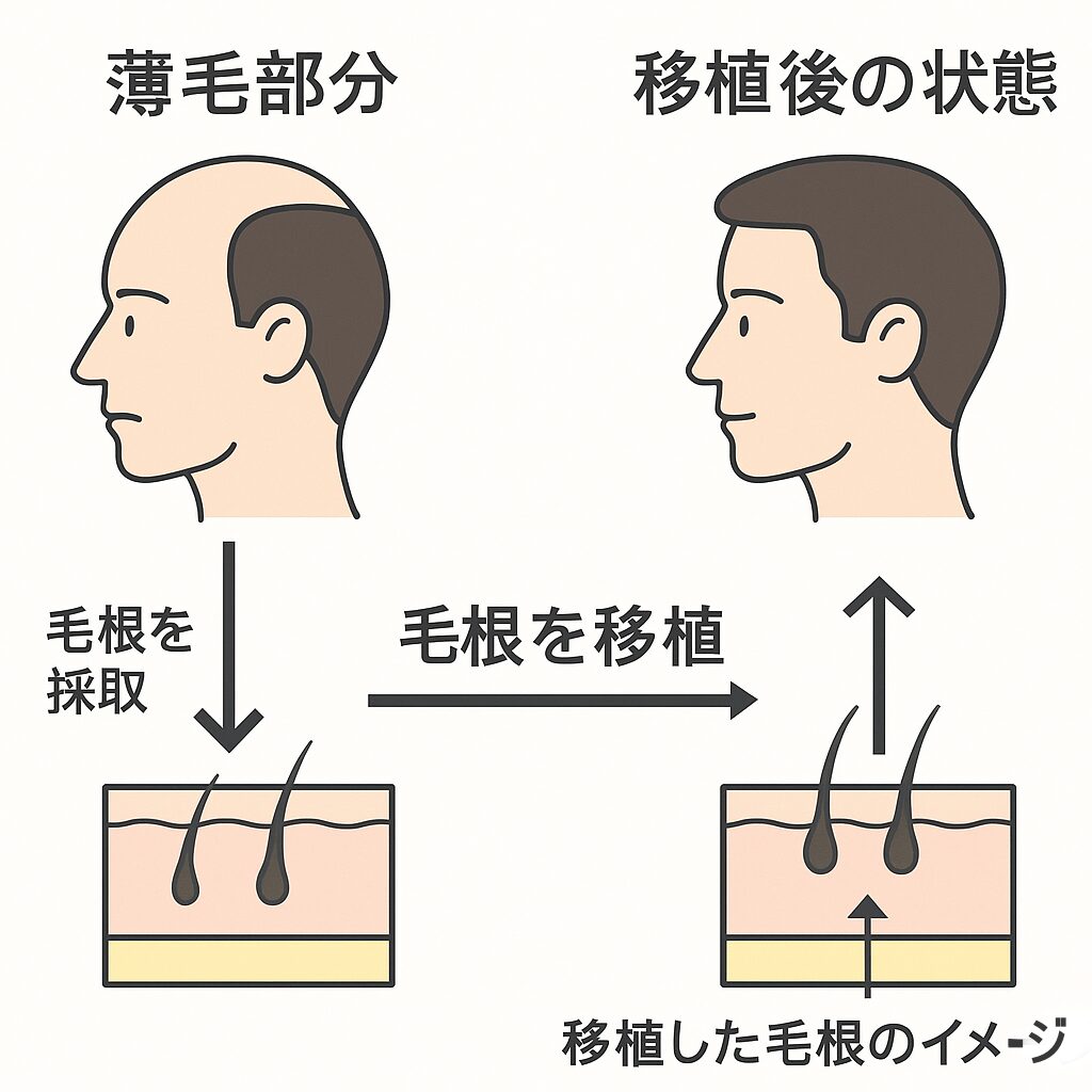 自毛植毛の流れを示す図。後頭部から毛根を採取し、薄毛部分に移植するプロセスをイラストで説明している。