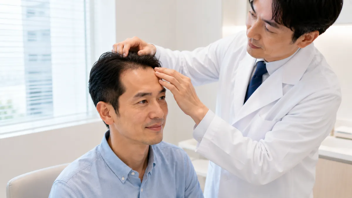 秋葉原から通える植毛クリニックで術後の診察を受ける男性