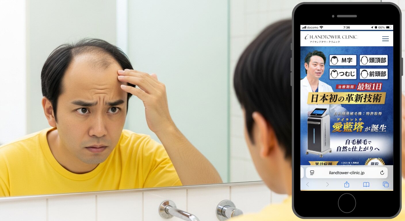 鏡の前で生え際を確認する男性（アイランドタワークリニック）