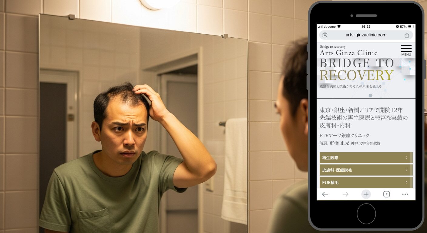 鏡の前で生え際を確認する男性（アーツ銀座クリニック）
