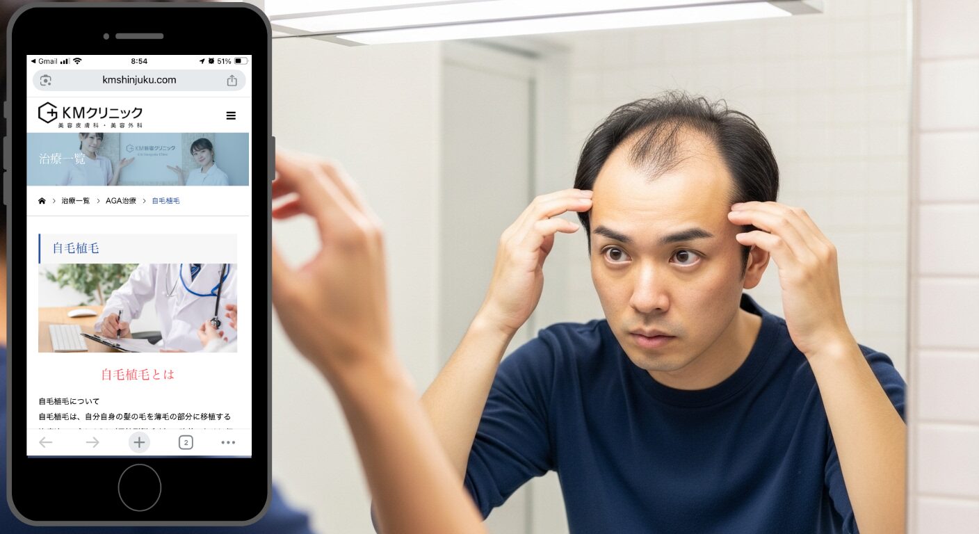 鏡の前で生え際を確認する男性（KM新宿クリニック）