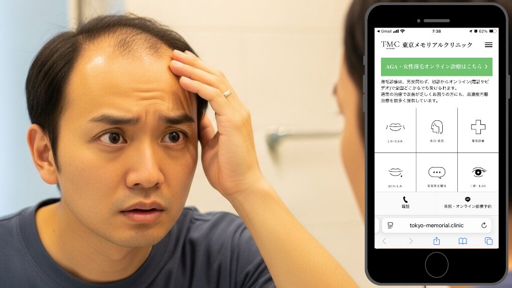 鏡の前で生え際を確認する男性（東京メモリアルクリニック）