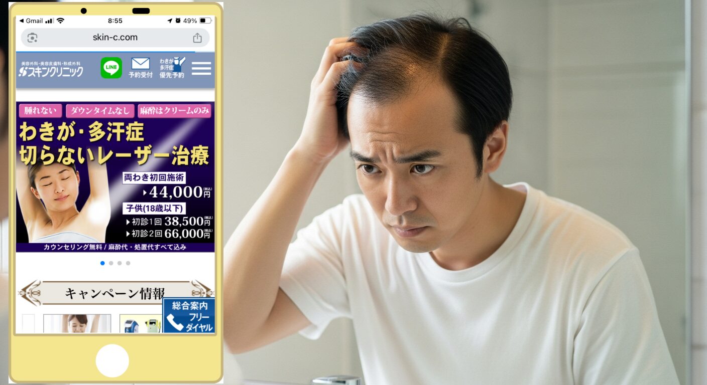 鏡の前で生え際を確認する男性（新宿東口スキンクリニック）