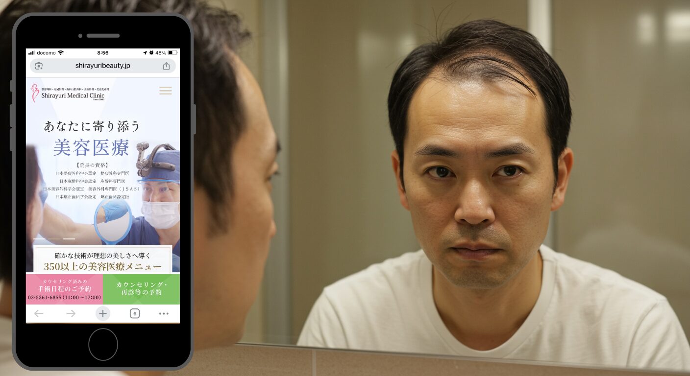鏡の前で生え際を確認する男性（しらゆりメディカルクリニック）