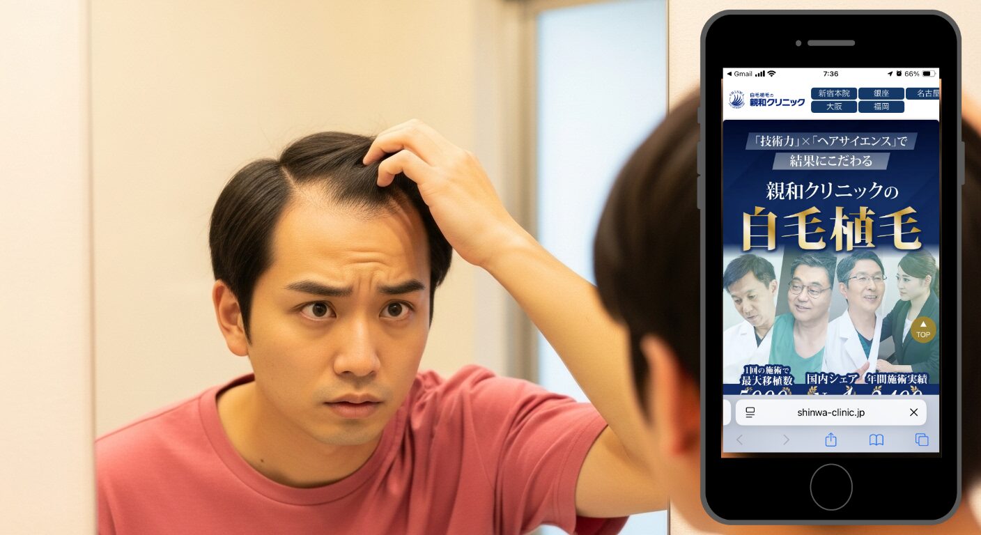 鏡の前で生え際を確認する男性（親和クリニック 銀座院）