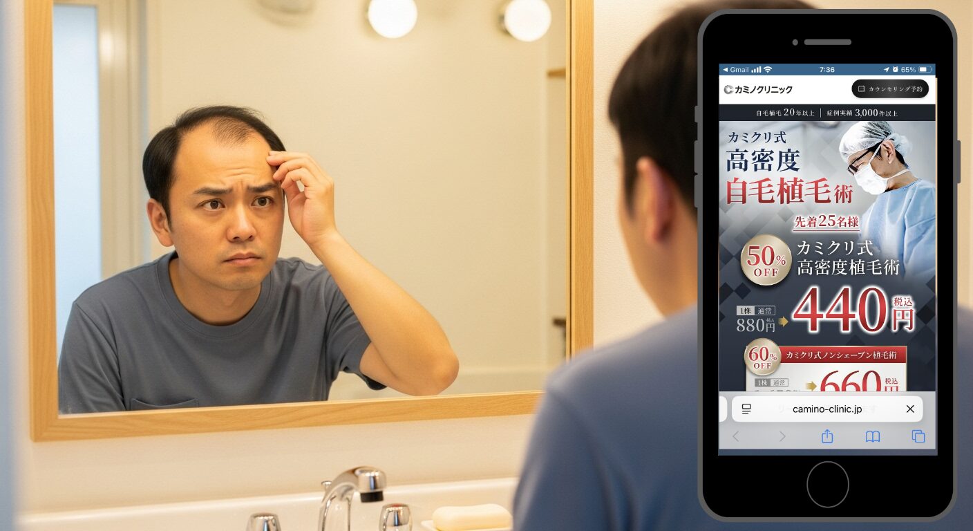 鏡の前で生え際を確認する男性(カミノクリニック)