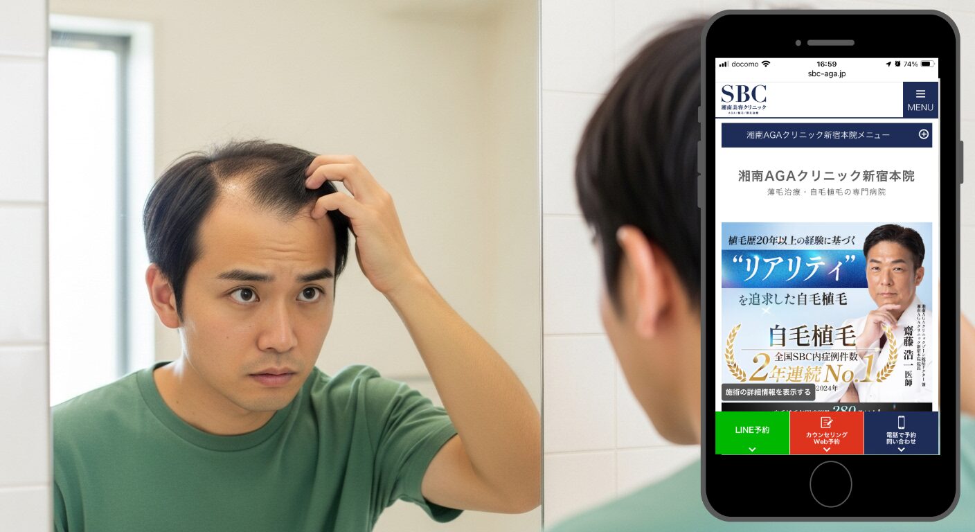 鏡の前で生え際を確認する男性（湘南AGAクリニック（新宿本院））