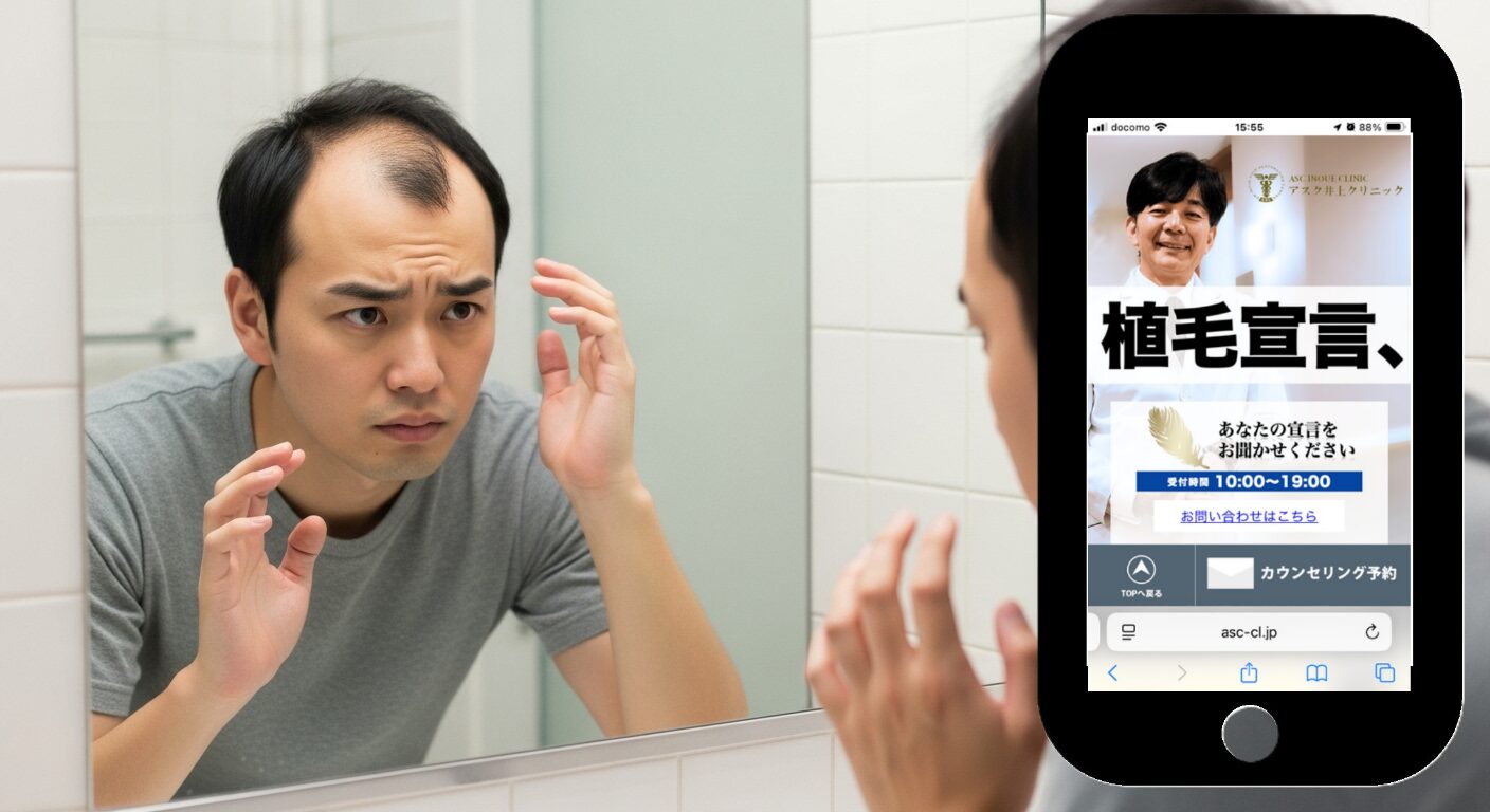 鏡の前で生え際を確認する男性（アスク井上クリニック）