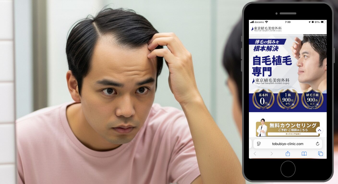 鏡の前で生え際を確認する男性（東京植毛美容外科）