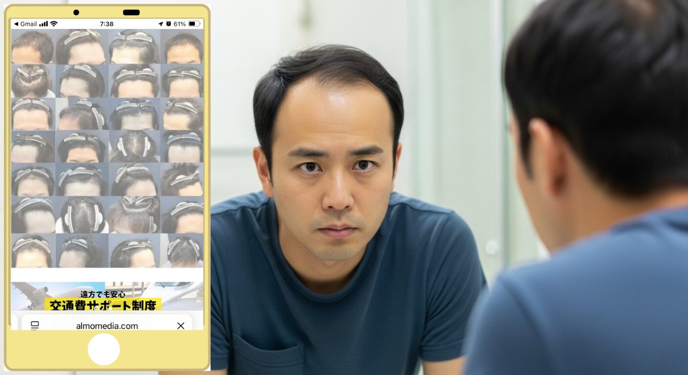 鏡の前で生え際を確認する男性（アルモ形成クリニック）