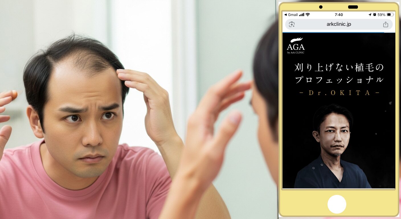 鏡の前で生え際を確認する男性（アーククリニック）