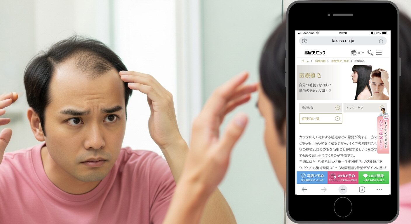 鏡の前で生え際を確認する男性とスマートフォンの院サイトイメージ（銀座高須クリニック）