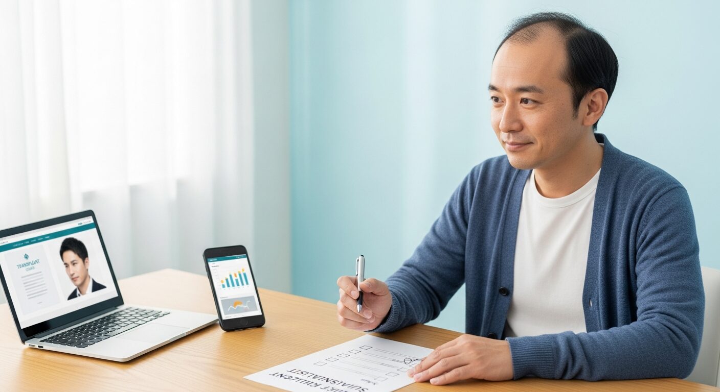 鏡の前で生え際を確認する男性（親和クリニック）