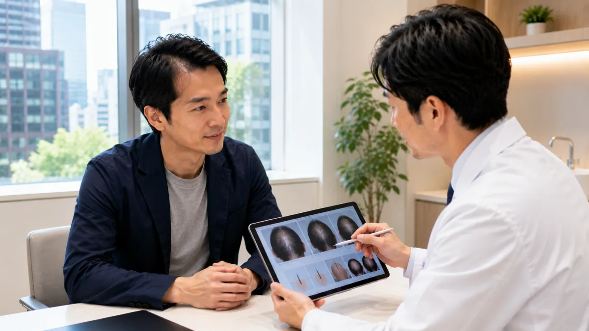 銀座の植毛クリニックで医師からカウンセリングを受ける男性