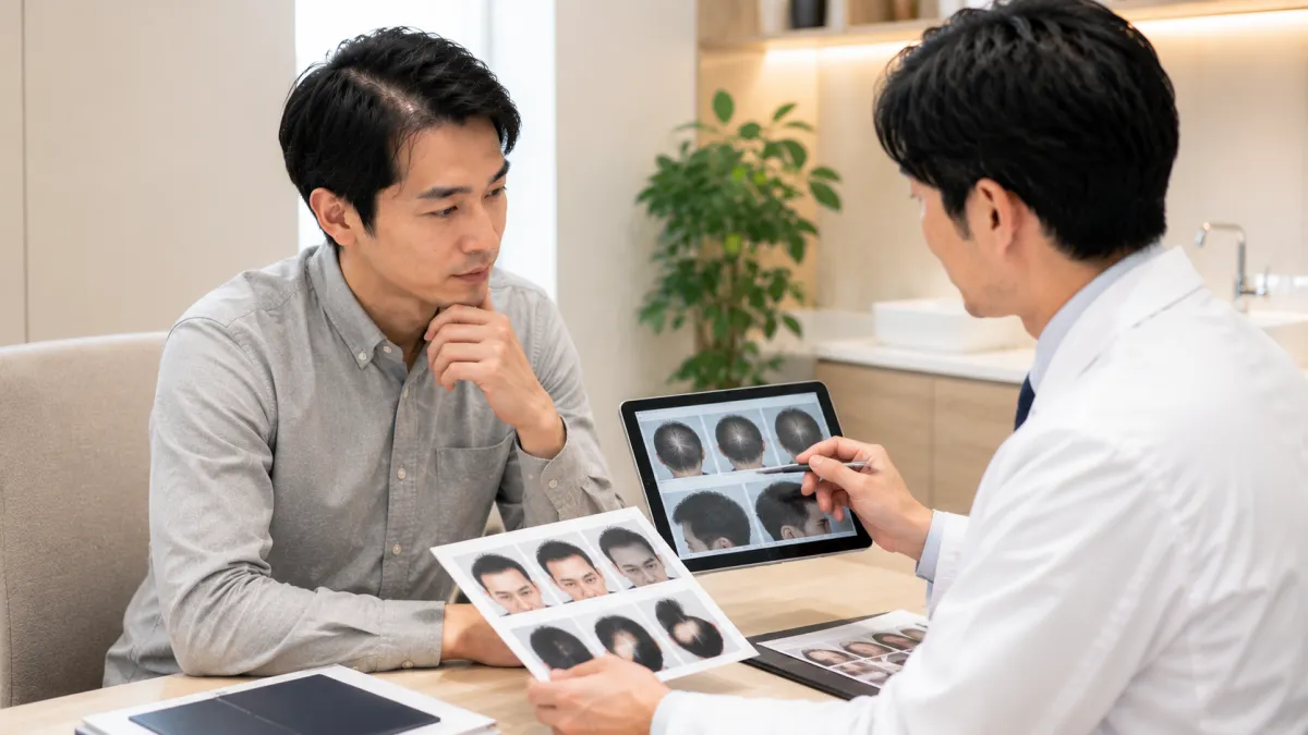 銀座の植毛クリニックで症例写真を見ながら治療プランの説明を受ける男性