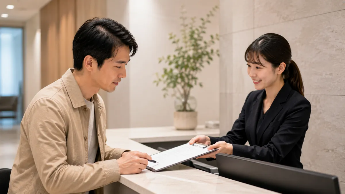 銀座の植毛クリニックで無料カウンセリングの受付をする男性