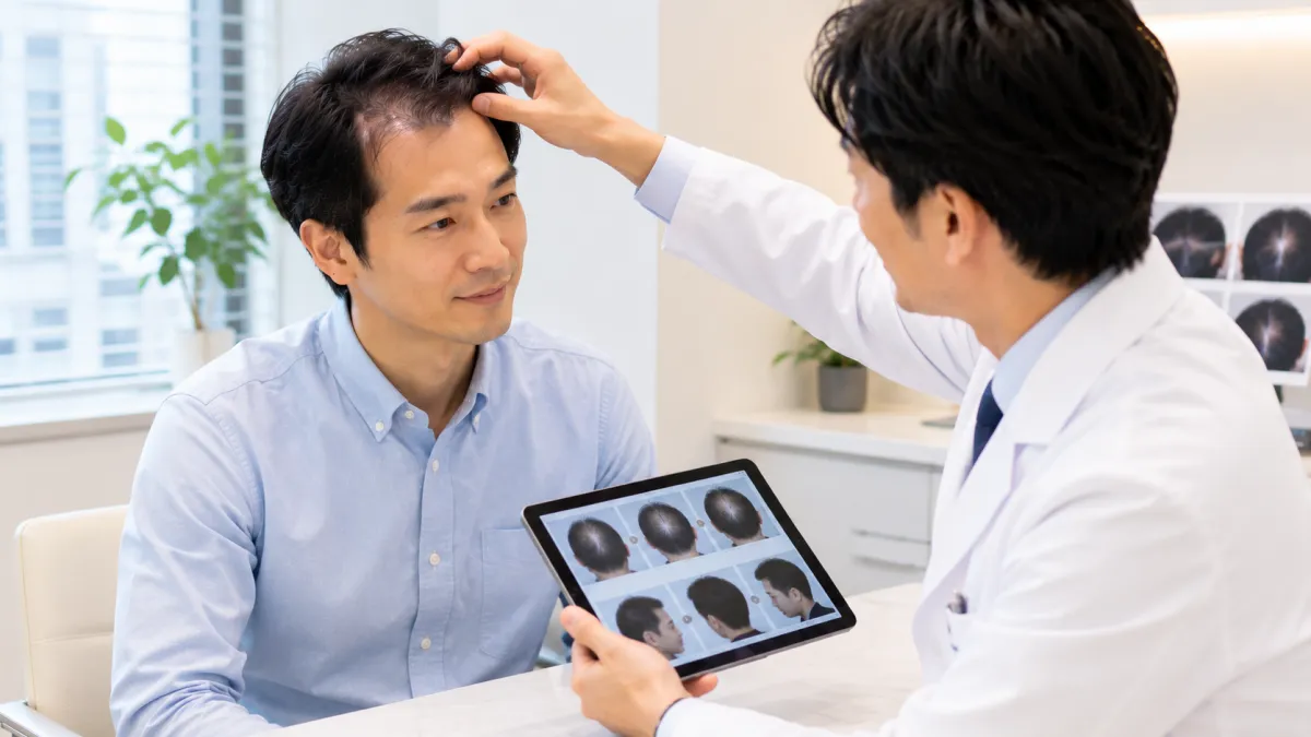 植毛手術後の経過観察で医師の診察を受ける男性