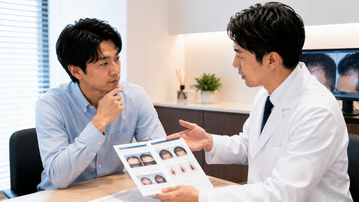 植毛について医師へ質問する男性