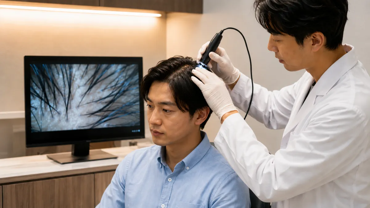植毛前の頭皮診断を受ける男性