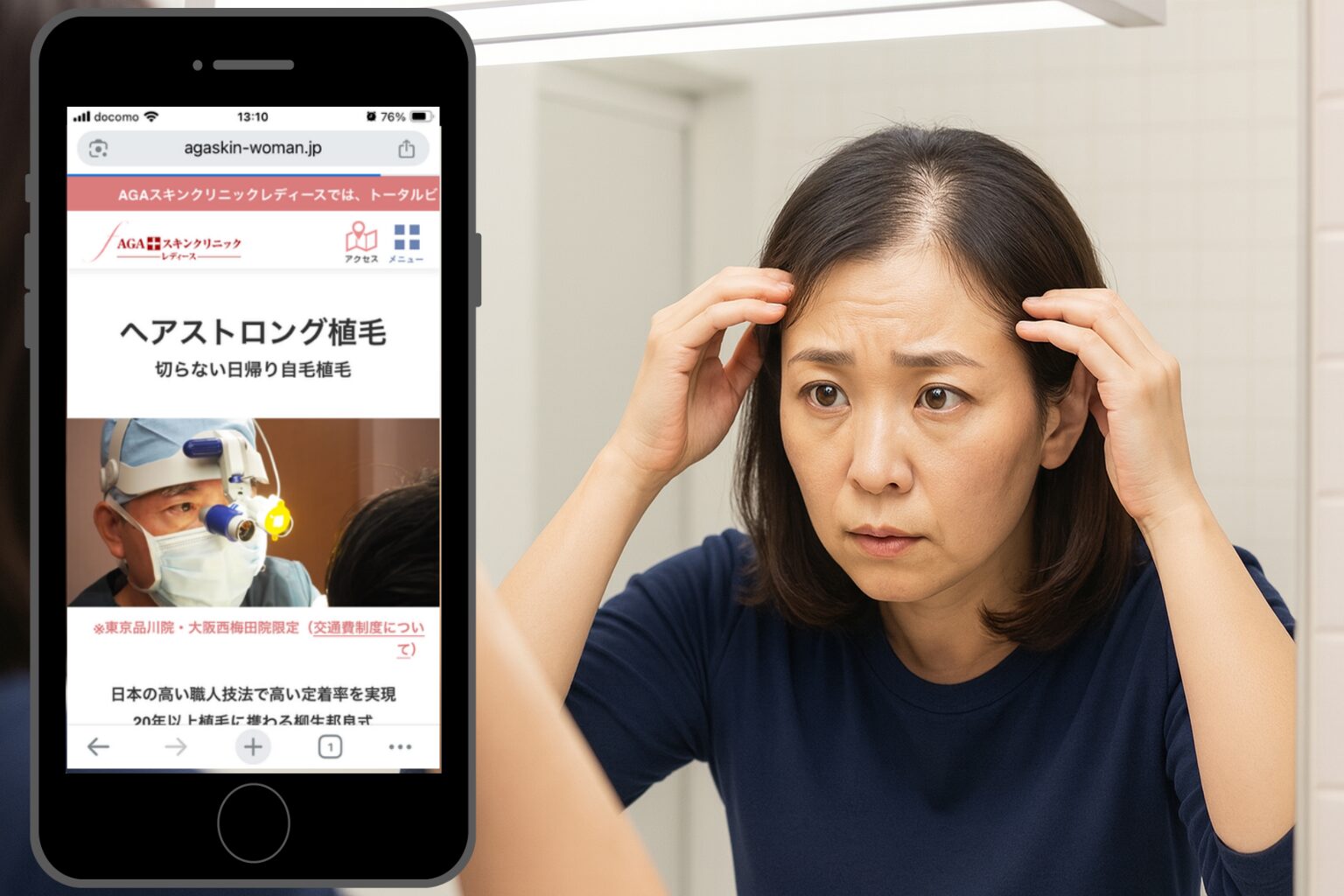 鏡の前で生え際を確認する女性（AGAスキンクリニック）
