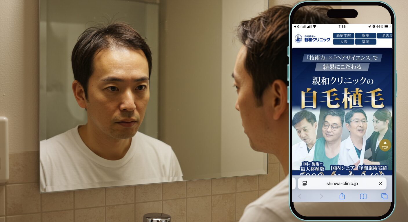 鏡の前で生え際を確認する男性（親和クリニック）