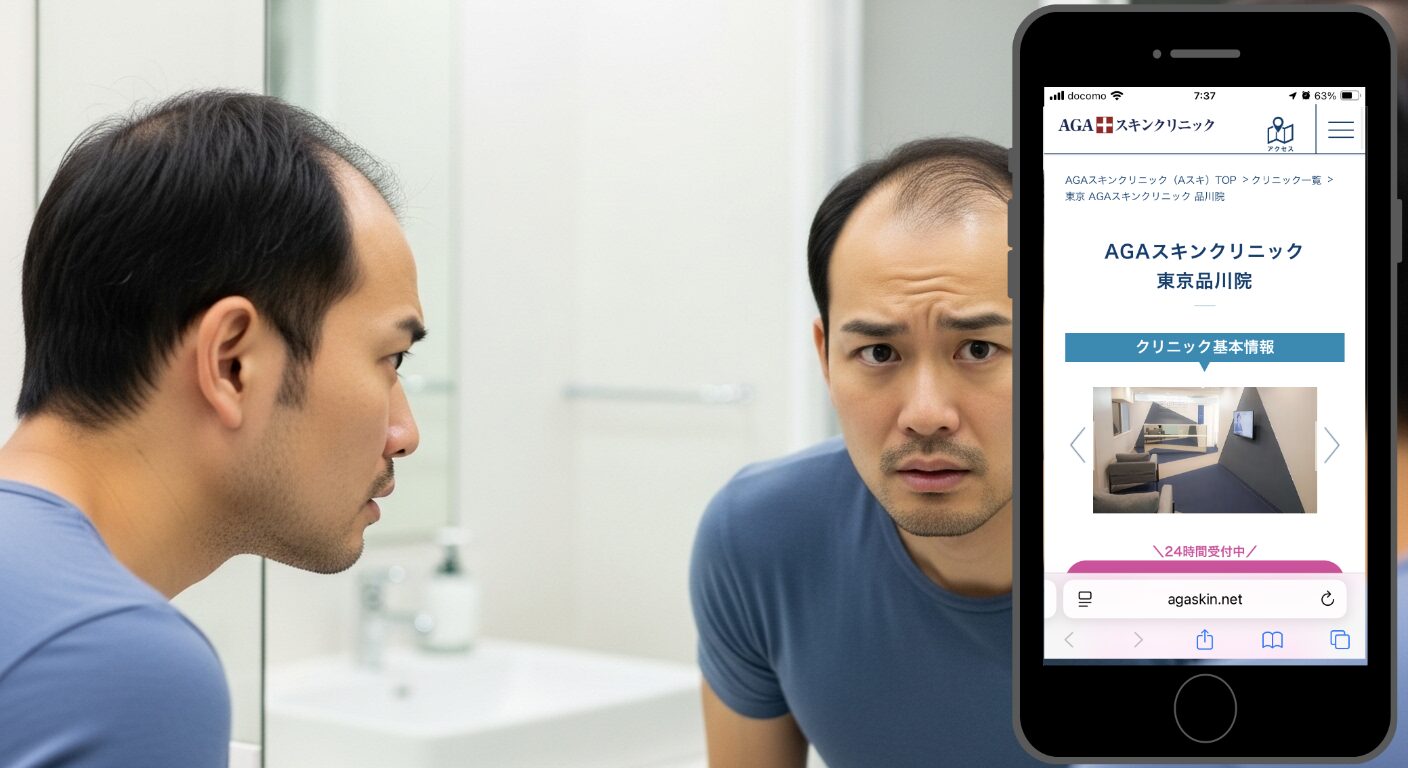 鏡の前で生え際を確認する男性（AGAスキンクリニック 東京品川院）