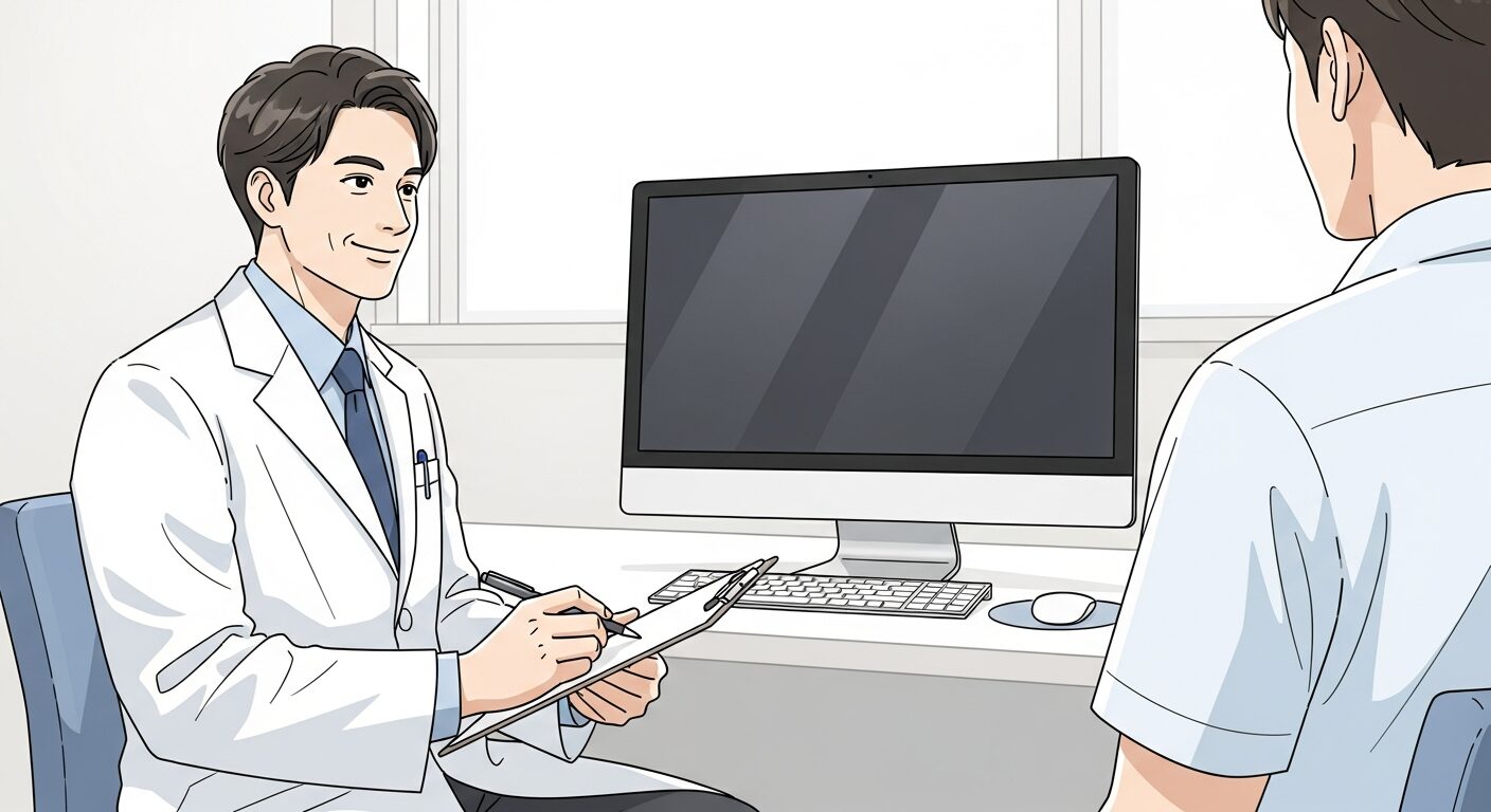 男性患者がカウンセリングで医師と話している