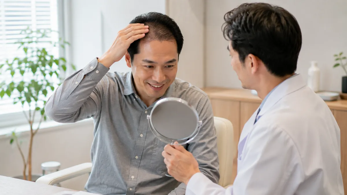 植毛後の経過を確認している男性