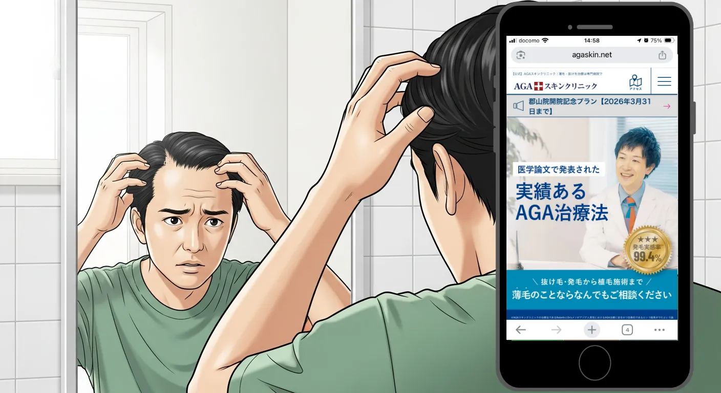 鏡の前で生え際を確認する男性（AGAスキンクリニック）
