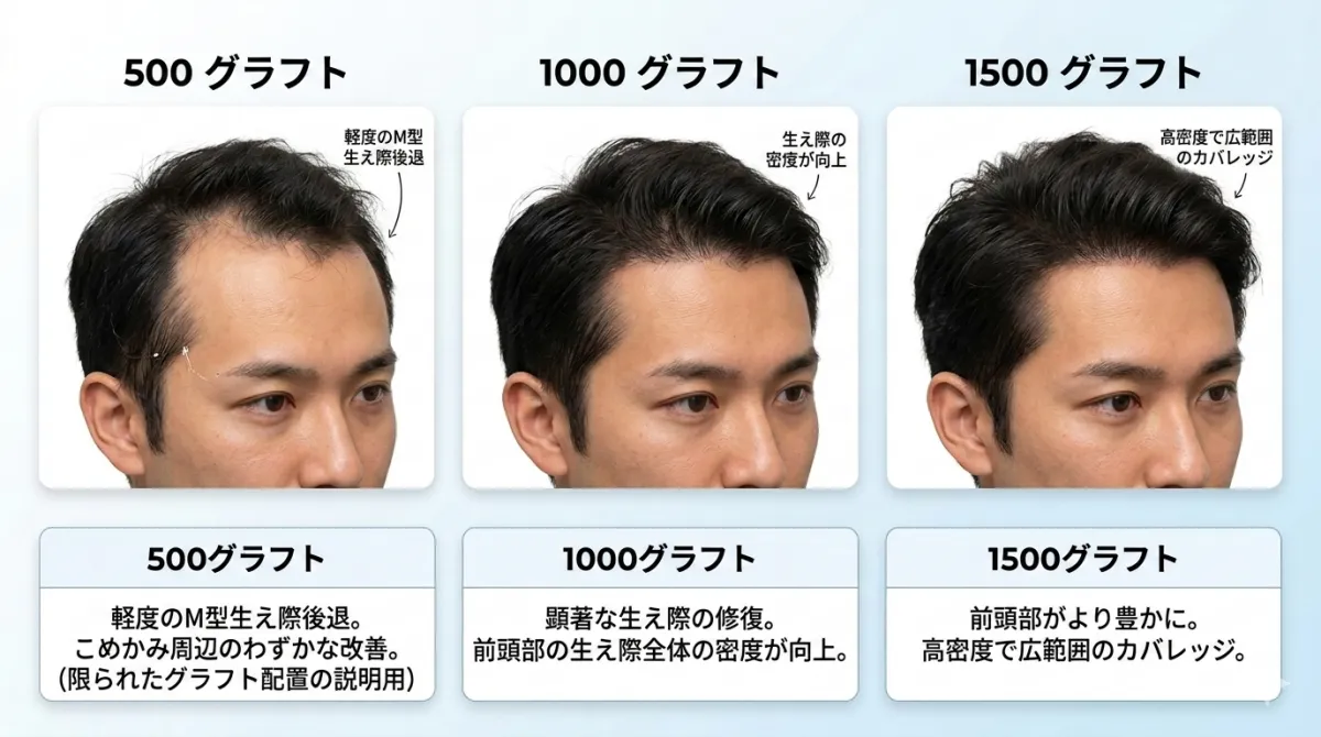 自毛植毛500株・1000株・1500株の改善範囲比較イメージ