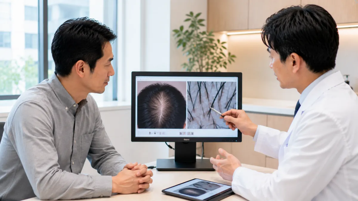 東京から通いやすい植毛クリニックで頭皮診断を受ける男性