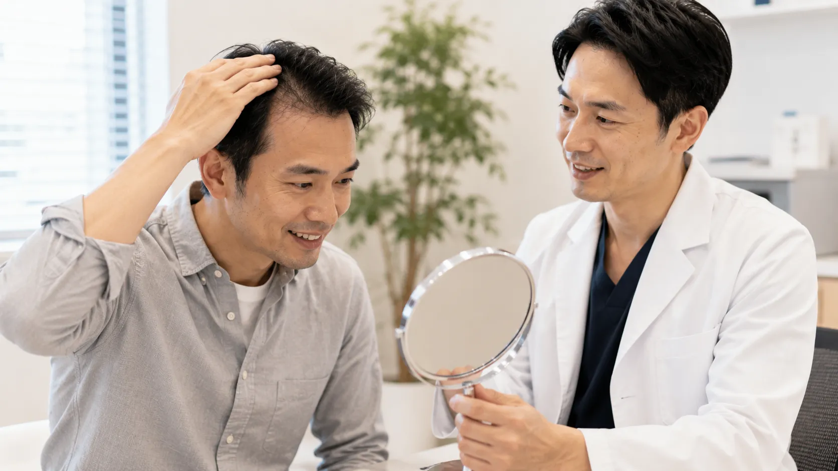 植毛後の経過を確認している男性
