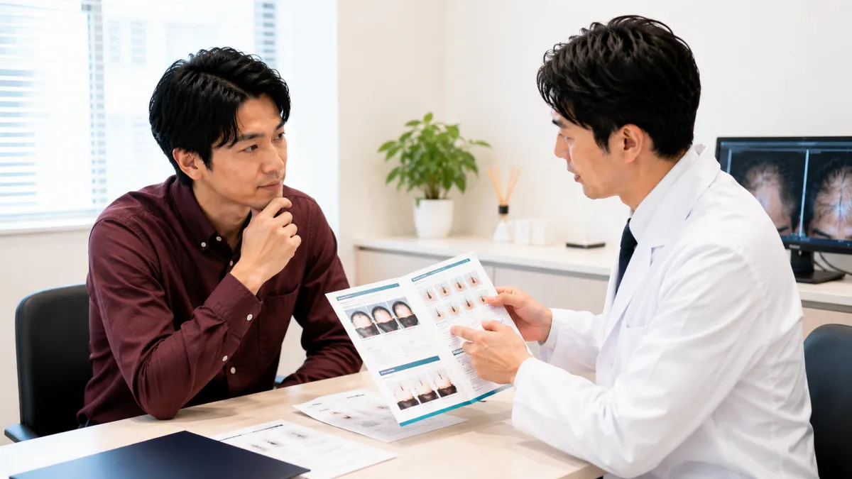 横浜で植毛の費用や治療内容について相談する男性