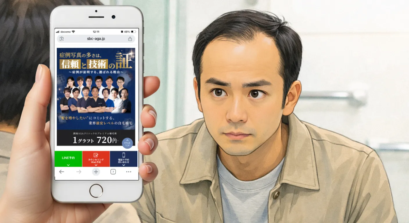 鏡の前で生え際を確認する男性（湘南AGAクリニック）