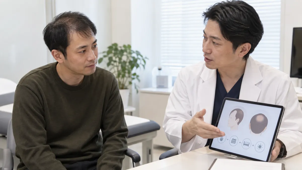 自毛植毛後のケアや注意点について医師から説明を受ける男性のイメージ