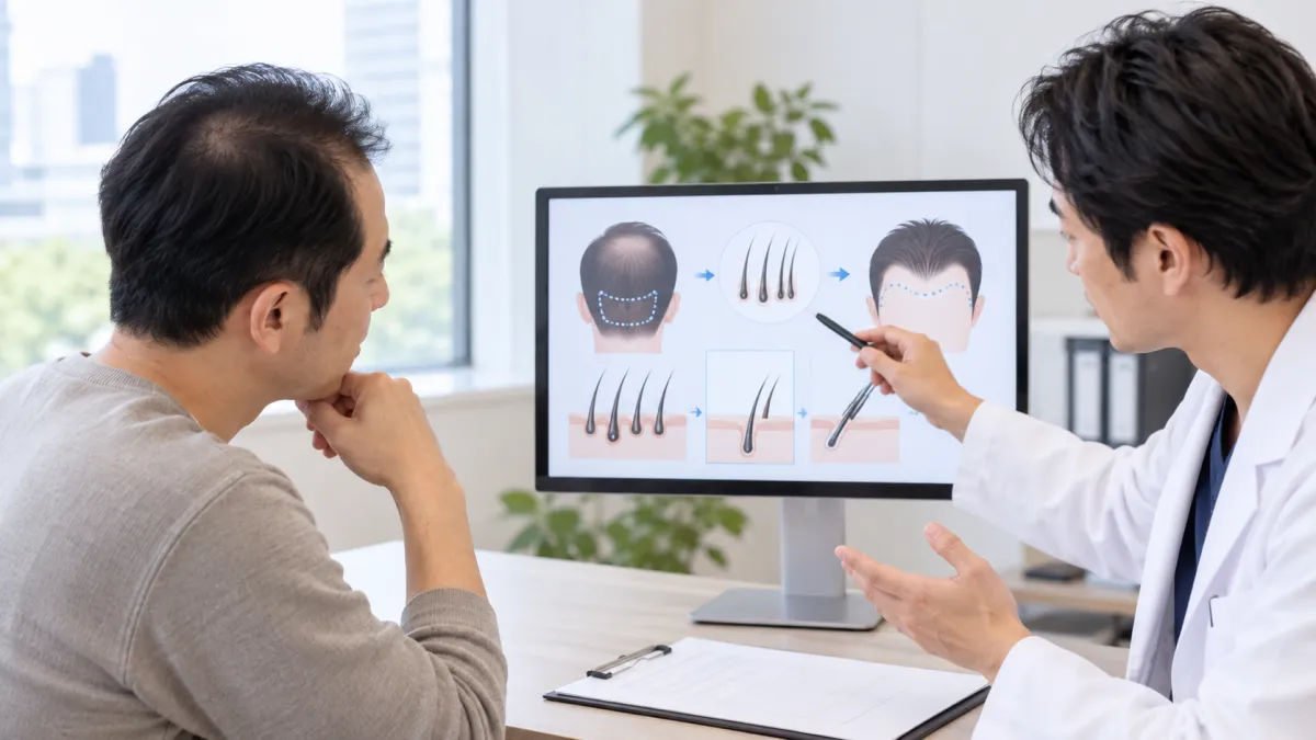 FUEや自毛植毛の施術方法について医師から説明を受ける男性のイメージ