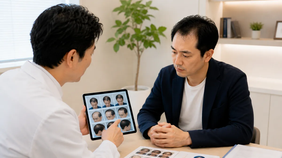 自毛植毛の失敗例や後悔しないためのポイントについて医師から説明を受ける男性
