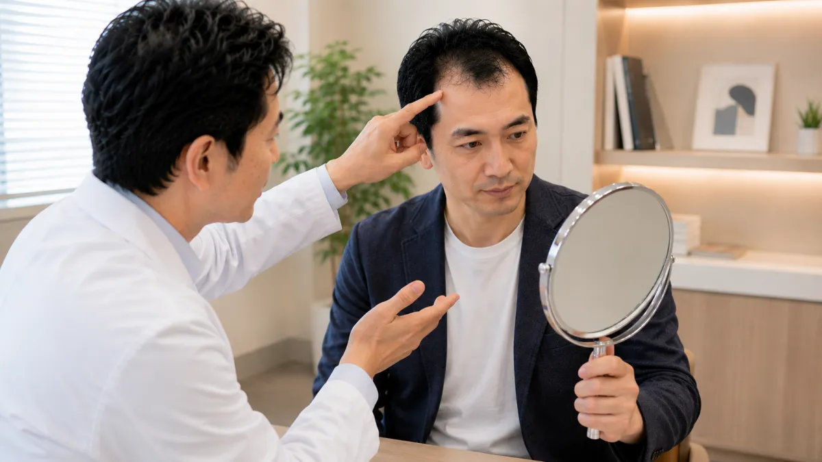 医師が患者の生え際を確認しながら植毛デザインについて説明している様子