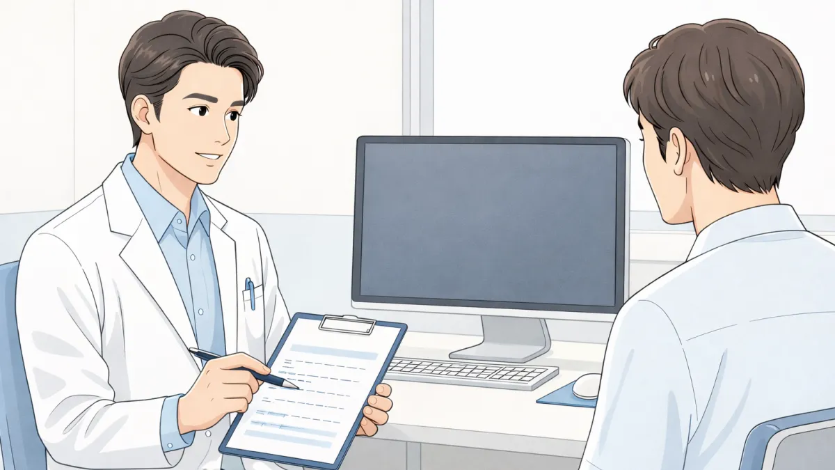 自毛植毛クリニックで医師が患者にカウンセリングを行い治療や植毛プランを説明しているイラスト"