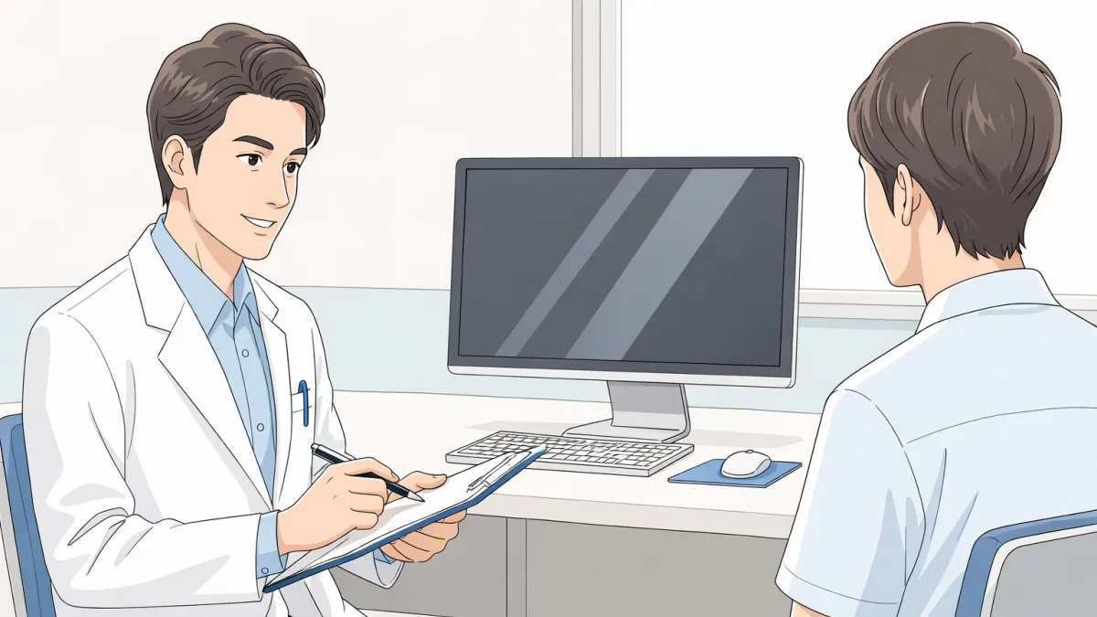 自毛植毛クリニックで医師が患者にカウンセリングを行い治療や植毛プランを説明しているイラスト"