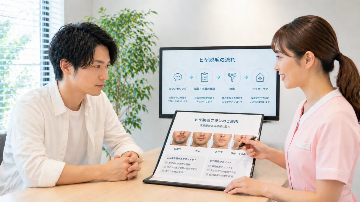 ヒゲ脱毛の無料カウンセリングで説明を受ける男性と女性スタッフ。