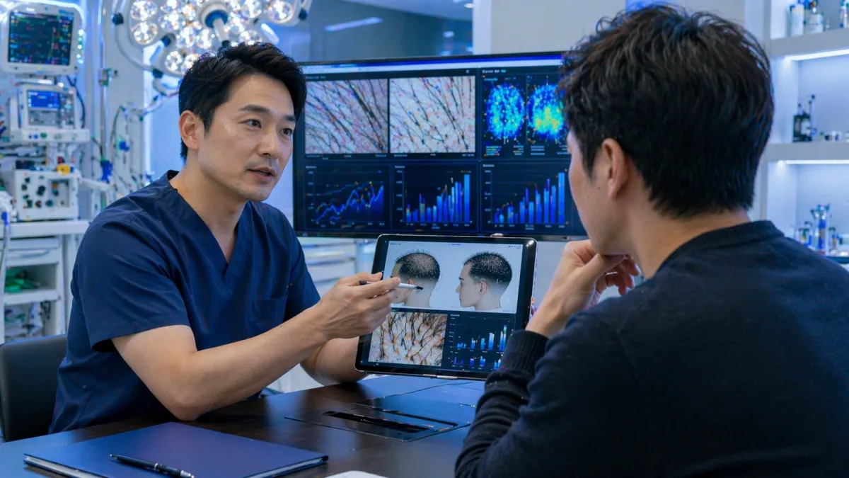 モニターと医療データを用いて医師が患者に説明する先進医療クリニックの診察シーン