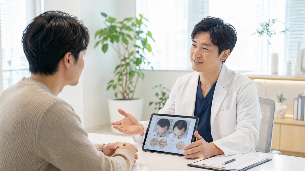 清潔感のあるクリニックで医師が患者に丁寧に説明しているカウンセリング風景