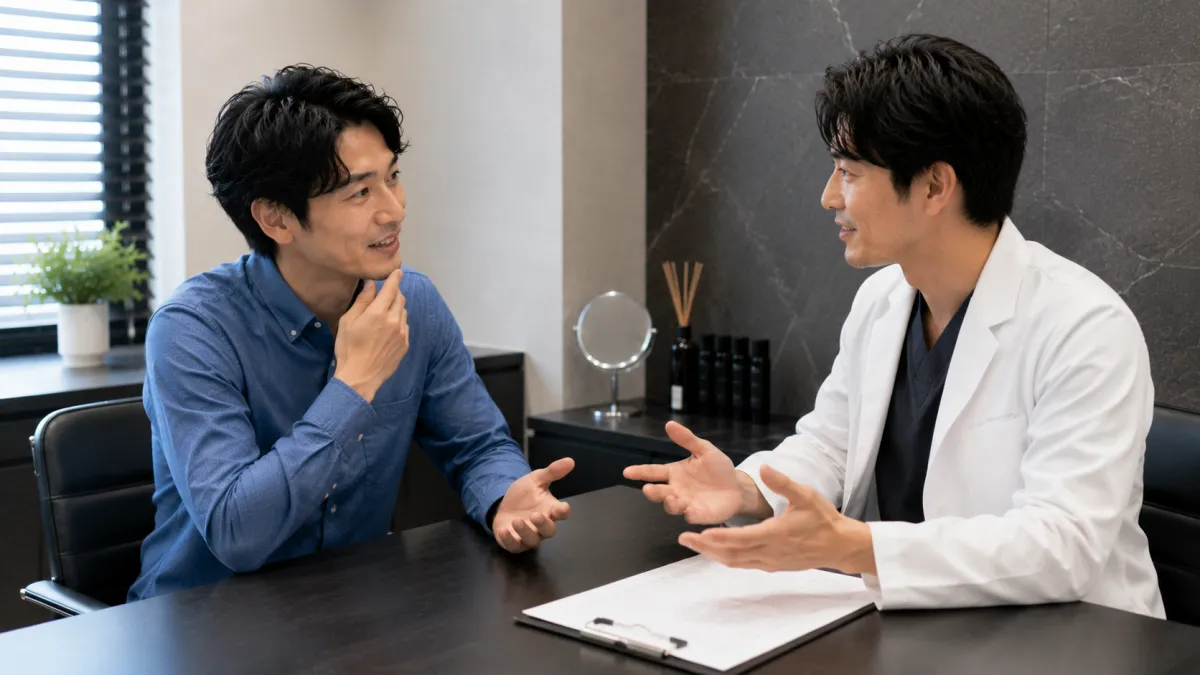 クリニックでヒゲ脱毛について相談する男性