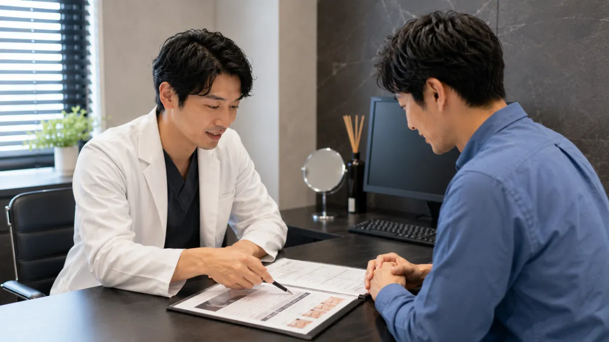 クリニックで料金やプランの説明を受ける男性