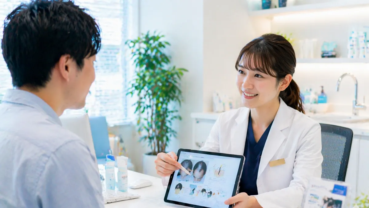 明るく開放的なクリニックで医師と患者がリラックスして相談している受付カウンセリング風景