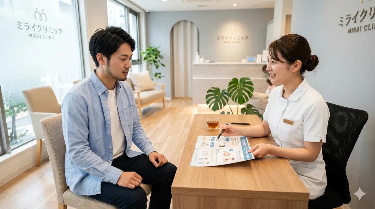 ヒゲ脱毛の無料カウンセリングで説明を受ける男性と女性スタッフ。