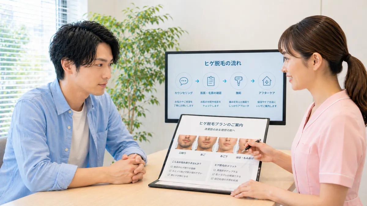 ヒゲ脱毛の無料カウンセリングで説明を受ける男性と女性スタッフ。
