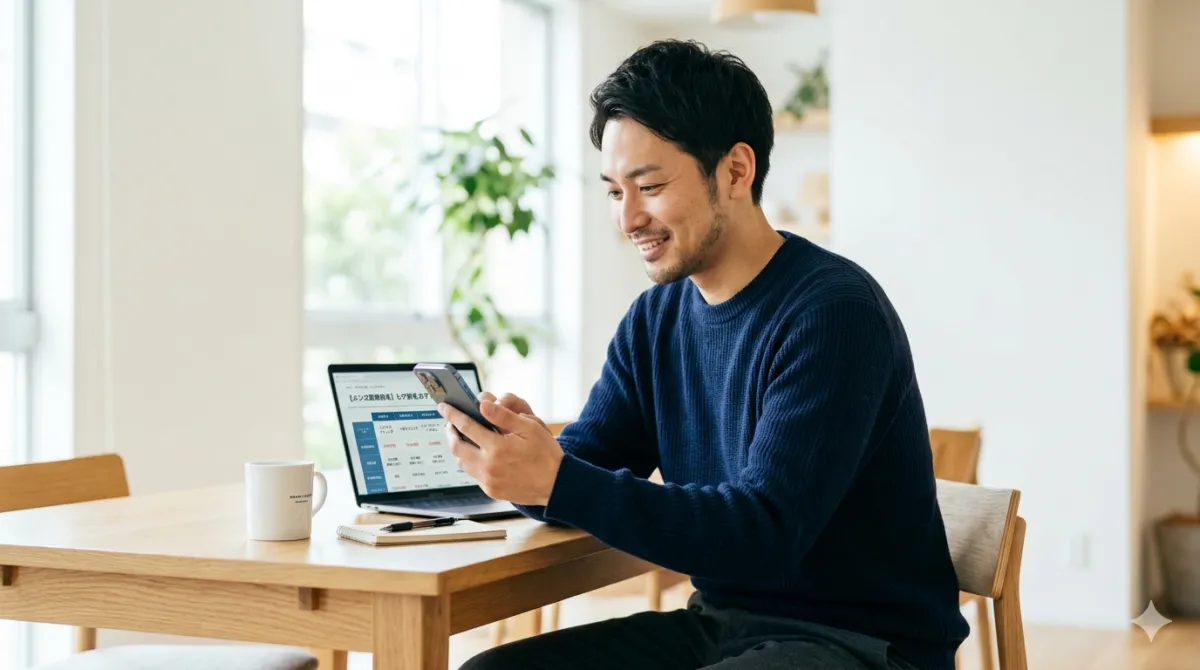 スマートフォンで複数のヒゲ脱毛クリニックの料金や特徴を比較している男性のイメージ