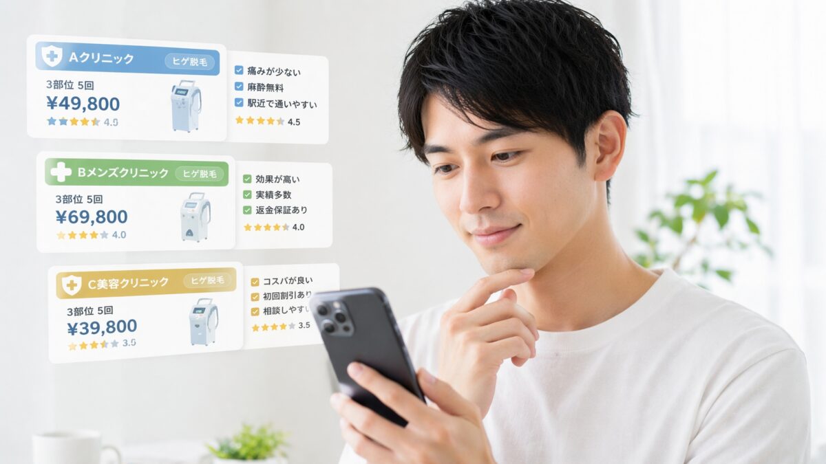 スマートフォンで複数のヒゲ脱毛クリニックの料金や特徴を比較している男性のイメージ